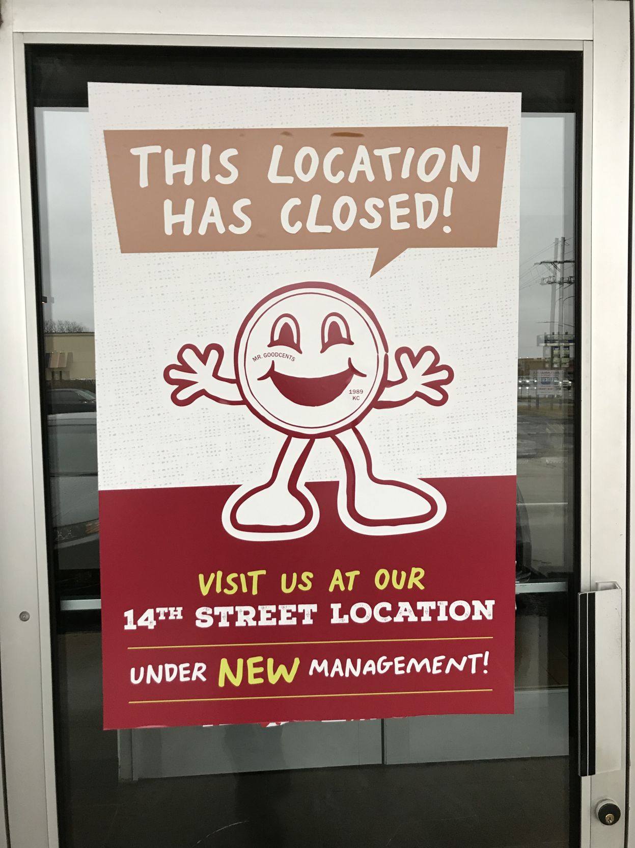 A sign on a Goodcents restaurant reads "this location has closed"